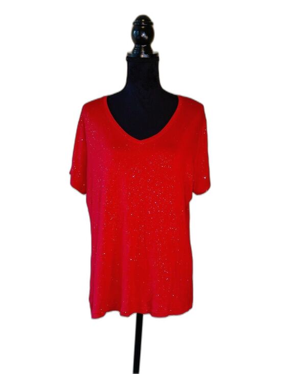 Celebrate Together Tops - Celebrate Together Red Silver Sparkle V Neck Short Sleeve Tee Top Plus Size XXL